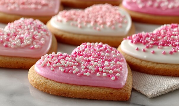 A Valentine's Day photo showing heart-shaped sugar cookies covered in icing and sprinkles, organized in a pleasing pattern on a table