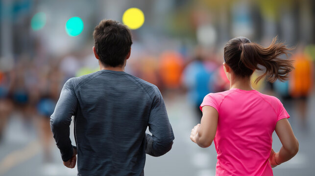 Faceless man and woman participating together in a running marathon on a city street. Defocused crowd background. Couple marathon, city street race, running together, urban