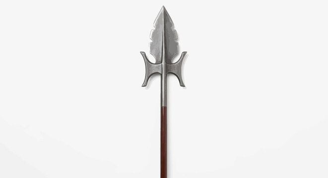 A detailed image of a polearm, a spear-like weapon with a metal head and wooden shaft