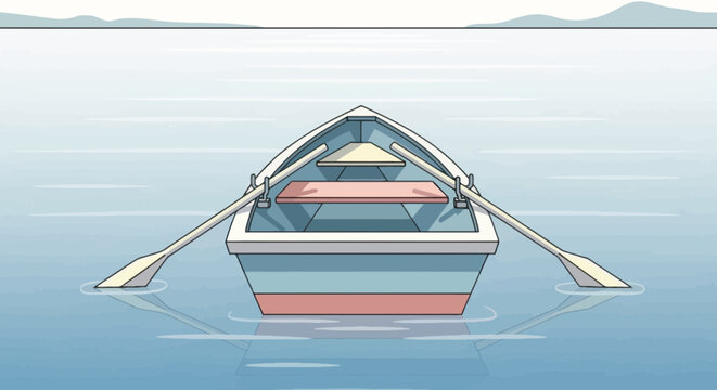 A cartoon-style rowboat floats on serene water, oars in place, with distant hills