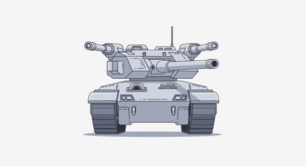 Gray cartoon tank, front view, with four turrets and tracks, against a white background © ajji