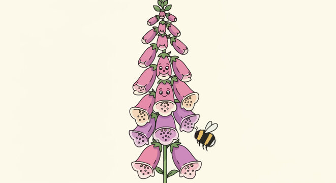 A cartoon illustration of a foxglove flower with friendly faces, and a buzzing bee