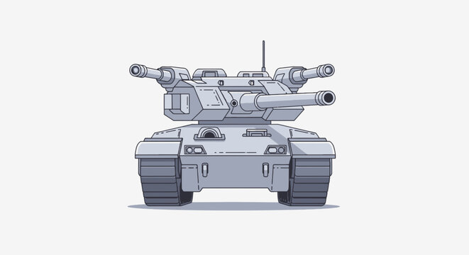 Gray cartoon tank, front view, with four turrets and tracks, against a white background