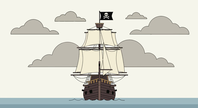 A cartoon pirate ship sailing on water under cloudy skies, skull & crossbones flag