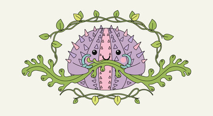 A cartoon sea urchin with spines, eating algae. It is surrounded by leaves and vines © ajji