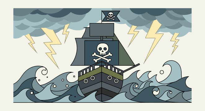 A stylized pirate ship sailing through a storm, with skull and crossbones