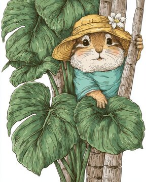 A hat‑clad cartoon chipmunk scales a tree