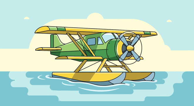 A green and yellow seaplane floats on water, with a yellow background and sky