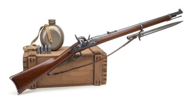 A detailed illustration of a rifle with attached bayonet, ammo, flask, and wooden crate
