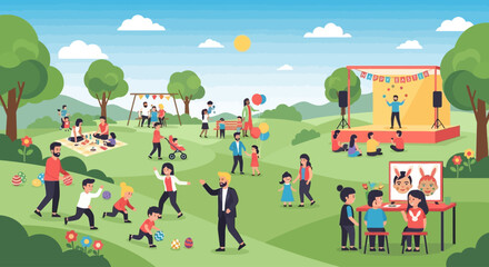 Obraz premium A lively flat design illustration showcasing a diverse community celebrating Easter in a bustling park, enjoying various family-friendly activities. This clean and modern 2D vector highlights inclusiv