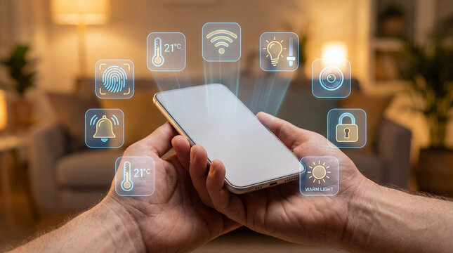 Smartphone controlling smart home devices with icons for temperature, security, and lighting in cozy living room setting. image conveys modern technology and convenience