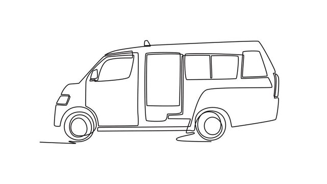 Self drawing animation of single line draw a commercial passenger minibus or shuttle van, public transit, school transportation. Boxy shape and passenger windows. Continuous line. Full length animated