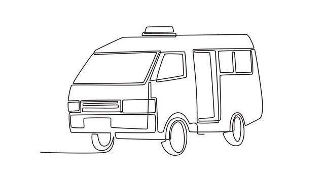 Self drawing animation single line draw commercial passenger minibus for transit or public city commuting service. Automotive mobility, urban travel, transport. Continuous line. Full length animated