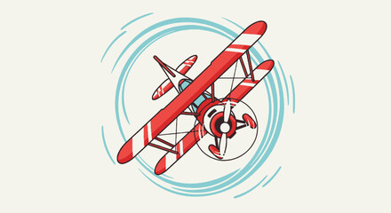 A cartoon biplane with red & white stripes flies within blue circular motion lines © daeng