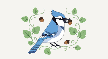 Illustration of a blue bird with an acorn in its beak, surrounded by green leaves and acorns © daeng