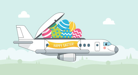 Fototapeta premium An airplane with a happy face, carrying decorated Easter eggs, flying against a sky