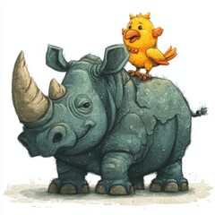 Fototapeta premium A charming cartoon picture featuring a rhino and a bird as friends