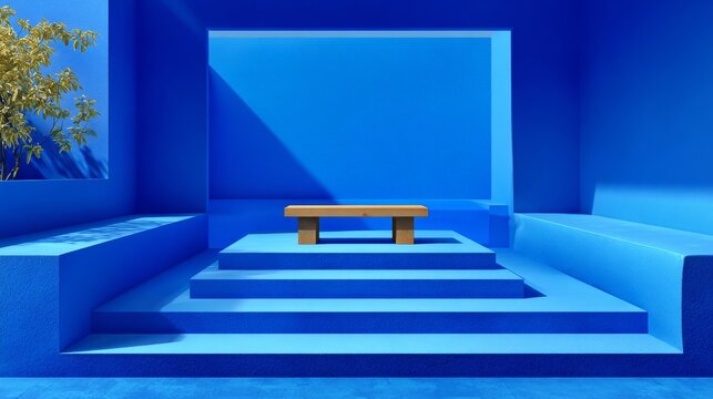 Modern architectural concepts and creative backgrounds are expressed through an abstract blue interior featuring geometric shapes and futuristic design elements