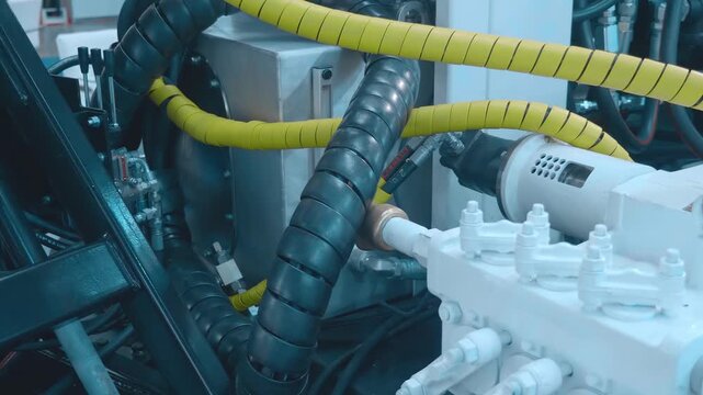 Industrial equipment with many hydraulic and pneumatic hoses that enable the operation of mechanisms. Closeup. Shot in motion