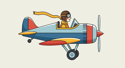 A cartoon biplane with a pilot in a leather helmet and scarf against a beige background © abang