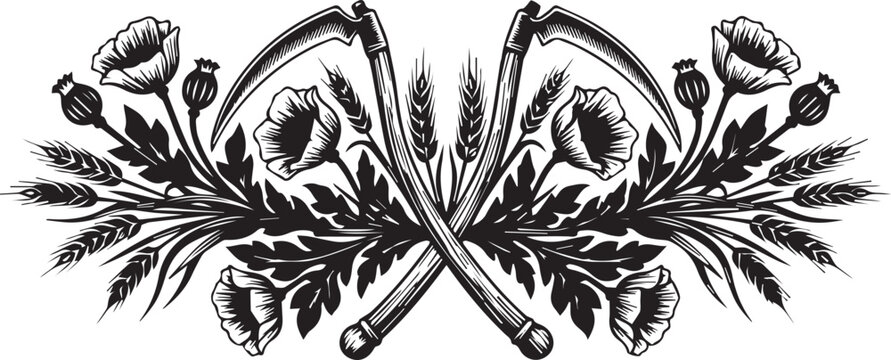 Crossed scythes with wheat stalks and poppy flowers silhouette for harvest festival and vintage agricultural crest decoration.