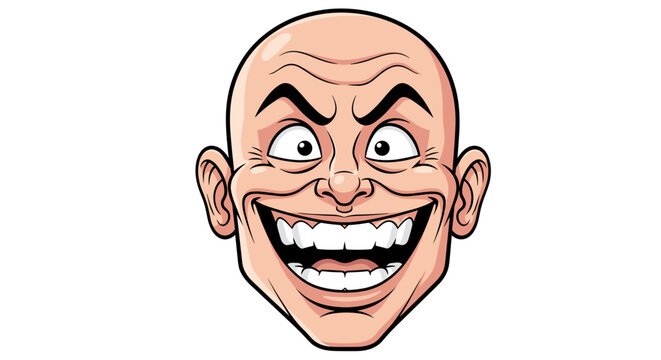 Manic bald man with wide evil grin creepy smile and wide eyes expressing mischief cunning and sinister intent on white
