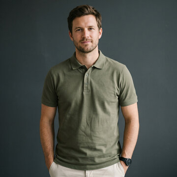 Bearded man in olive green polo shirt and light trousers, posing with hands in pockets, studio portrait, smart casual, business casual, full length, neutral background, one person, well dressed