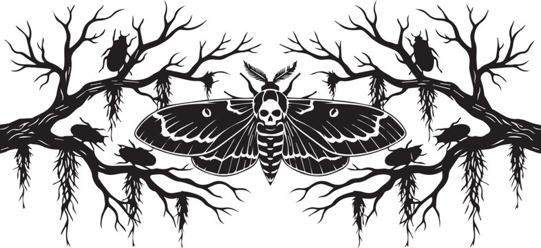 Black and white gothic death's-head hawk-moth with skull-like pattern on its thorax among bare tree branches.