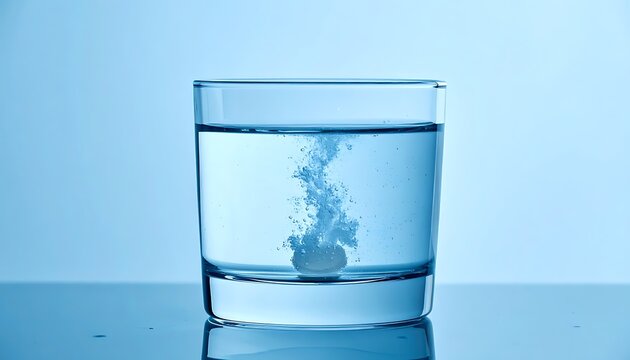 Capturing the science of solubility an effervescent tablet releases countless bubbles while dissolving in a transparent glass of water, a clean studio shot