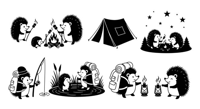 Charming vector illustrations of hedgehogs enjoying camping activities like roasting marshmallows and fishing outdoors