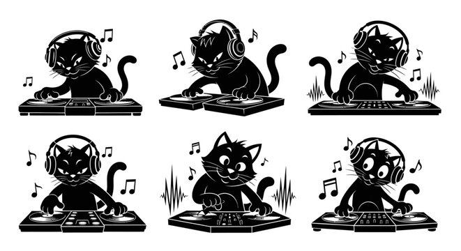 Cool cat dj silhouettes playing music on turntables with headphones and musical notes isolated on white background vector collection for art