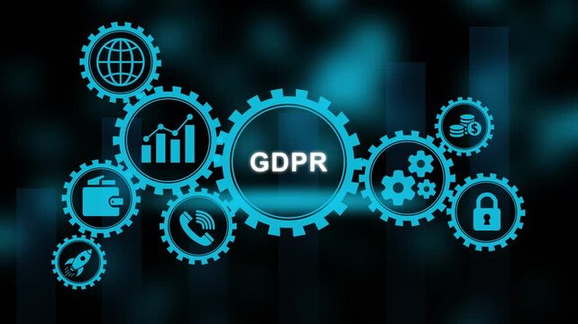 GDPR Concept With Interconnected Gears And Icons On Dark Background gdpr general data protection regulation