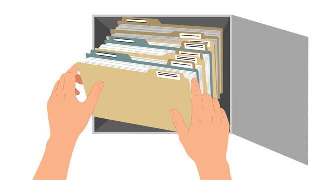 A pair of light-skinned hands from above carefully places a manila folder into a grey filing drawer filled with documents.
