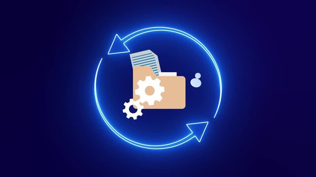 Neon circular arrows data synchronization with folder and gears animation. Neon circular arrows cloud storage and data processing concept. Neon circular arrows technology workflow system visual.