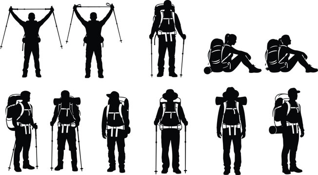 Silhouette collection of hikers and backpackers with trekking poles and backpacks standing and sitting in various poses for outdoor adventure design