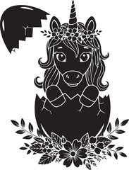 Obraz premium Majestic unicorn hatching from egg with elaborate floral base and flower wreath silhouette for fantasy greeting card designs.