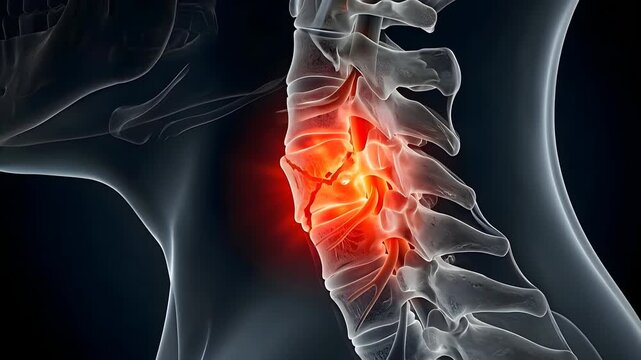 Close up medical illustration of a human cervical spine with a severe crack in the vertebrae highlighted in red and glowing with pain against a dark