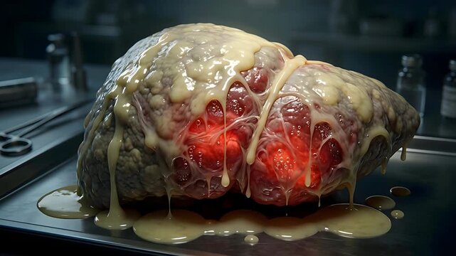 Human Liver Covered in Yellowish Discharge in a Medical Laboratory with Surgical Instruments and Vials in the Background Under Dramatic