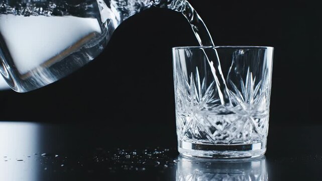 Crystal clear water being poured into intricate glass on black surface clean drinking water refreshment hydration thirst quench