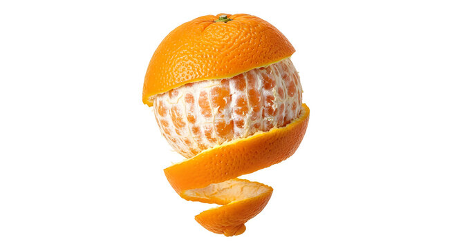 An orange with a significant portion of its peel removed in a spiral