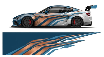 Obraz premium Sleek race car with blue orange racing stripes and dynamic design.