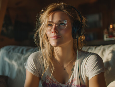 Photograph of an woman with glasses sitting on a couch, playing video games while wearing headphones. the scene is set in a living room with natural lighting. Hyper-realistic photography.