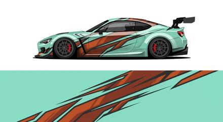Naklejka premium Vibrant teal and orange racecar decal illustration in bold side profile design.