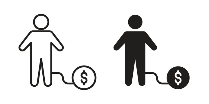 Man with debt icons. Vector graphic. Editable vector stroke. EPS 10.