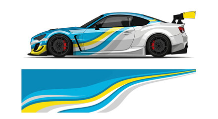 Obraz premium Sleek blue and yellow racecar with dynamic graphics and aerodynamic design for high performance.