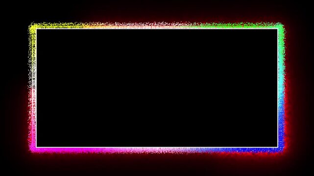 Rectangular frame with glowing rainbow aura and animated black center on dark background. Abstract luminous border effect for digital interface overlay, futuristic colorful tech frame .