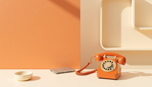 Vintage orange telephone on minimalist table against pastel background  