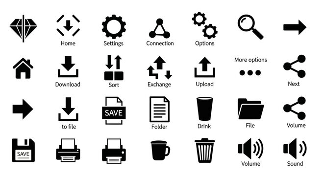 A collection of various computer icons and symbols for user interface elements.