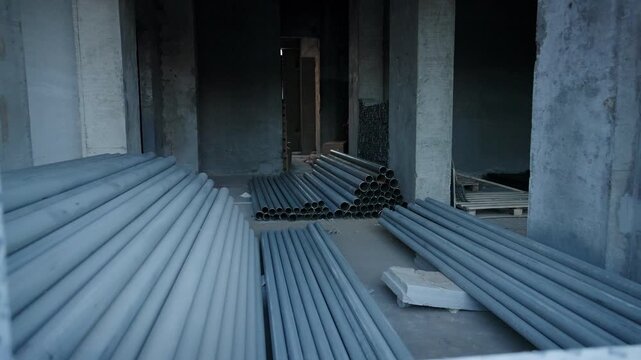 Metal pipes stacks inside incomplete enclosure at construction site. Plumbing system assembling with pipelines in future apartment building