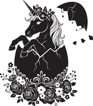 Horse unicorn emerging from broken egg shell with rose flower base for mythical creature fantasy concept or tattoo style design.